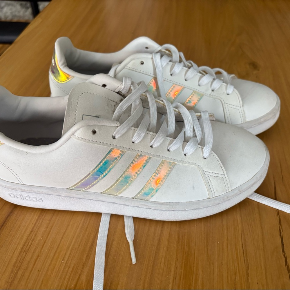Adidas White Sneakers with Iridescent Stripes
